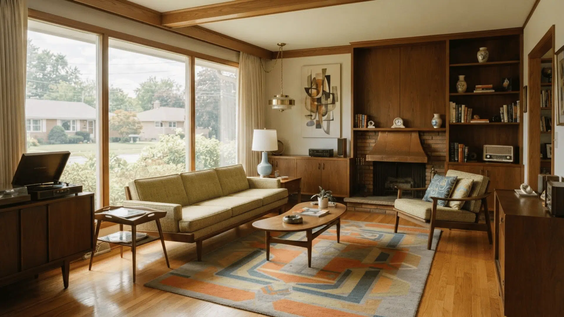 mid century modern living room with wood furniture large windows fireplace and retro decor