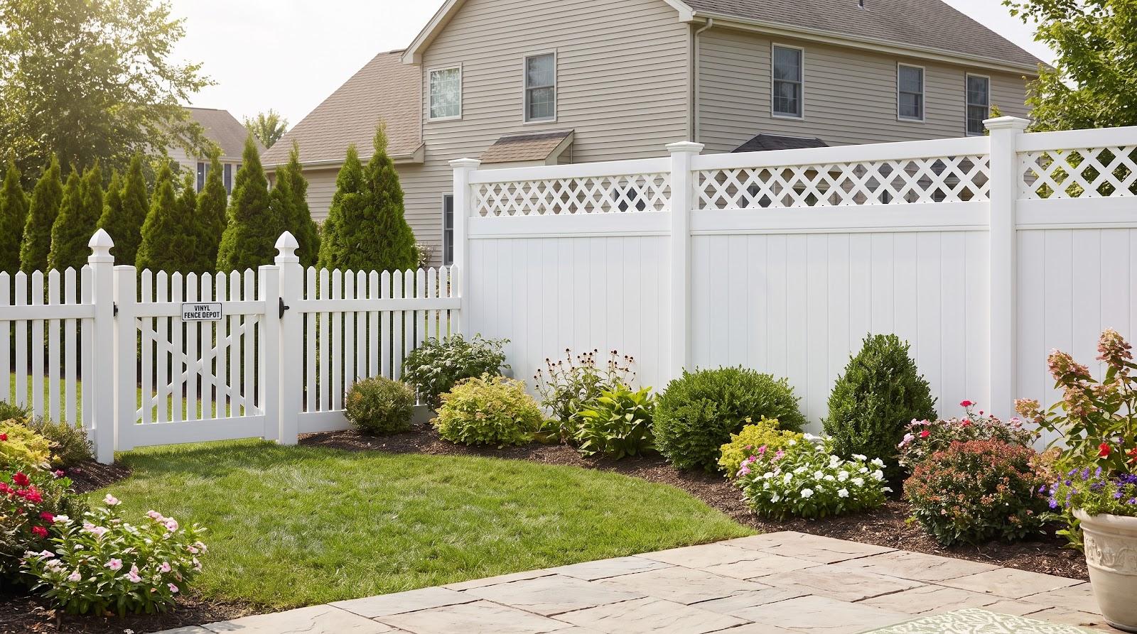 White vinyl fence surrounding a landscaped garden with shrubs and flowers in a suburban backyard