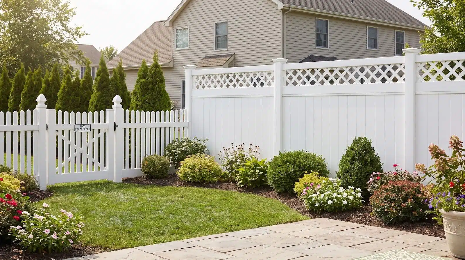 White vinyl fence surrounding a landscaped garden with shrubs and flowers in a suburban backyard