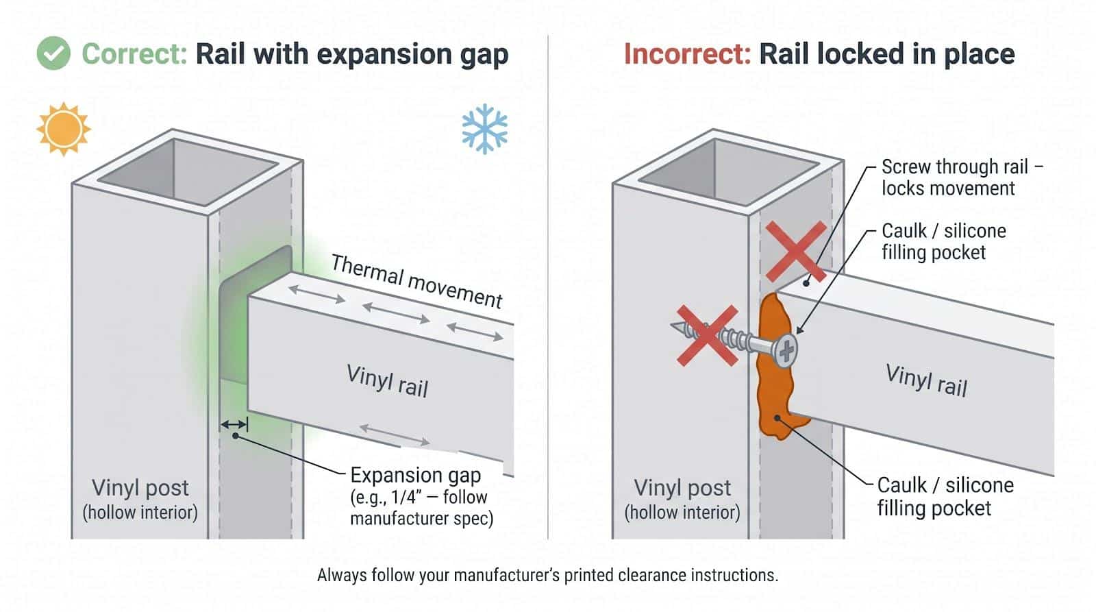 Correct installation of vinyl rail with expansion gap compared to incorrect locked rail with screws