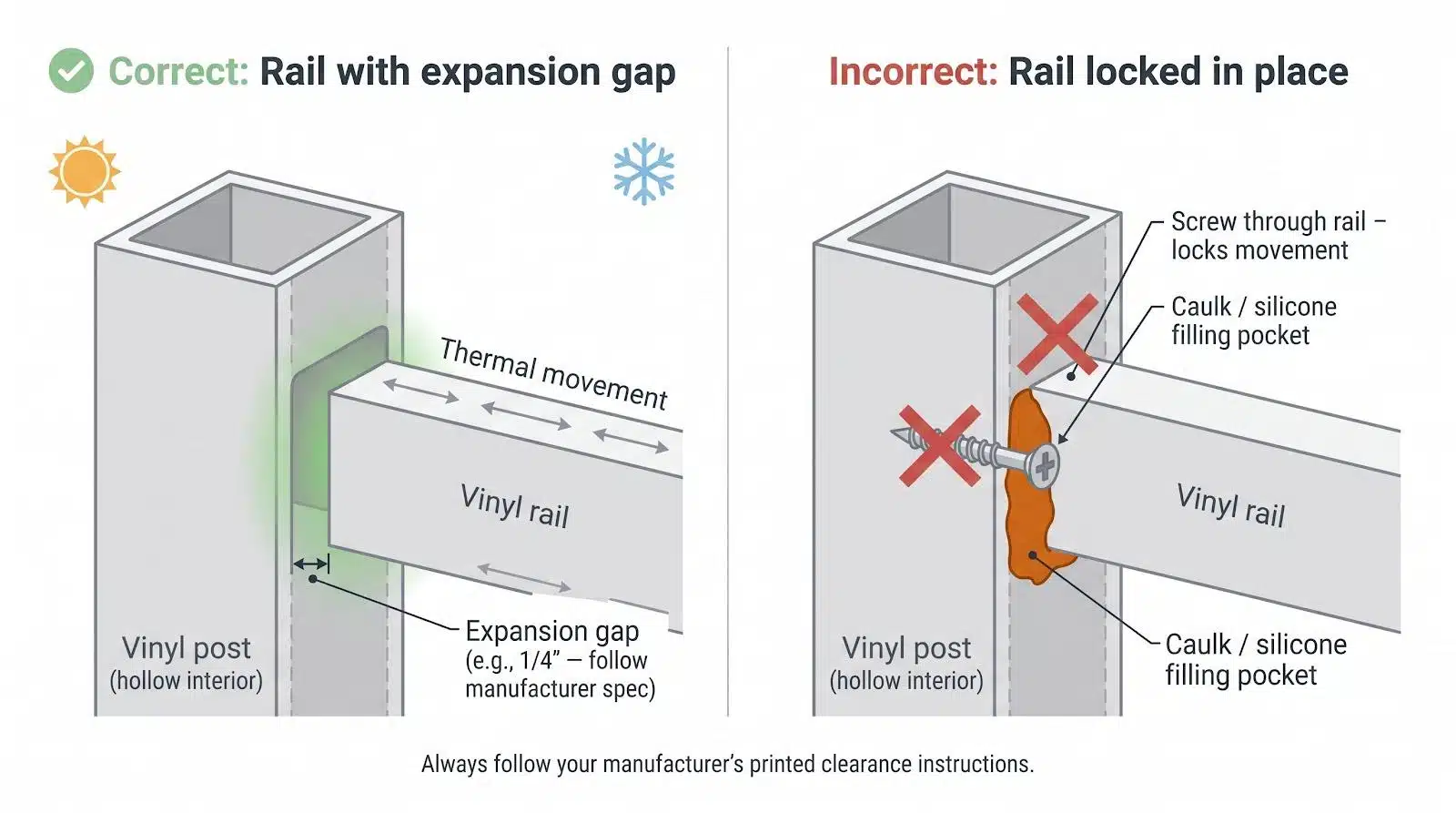 Correct installation of vinyl rail with expansion gap compared to incorrect locked rail with screws