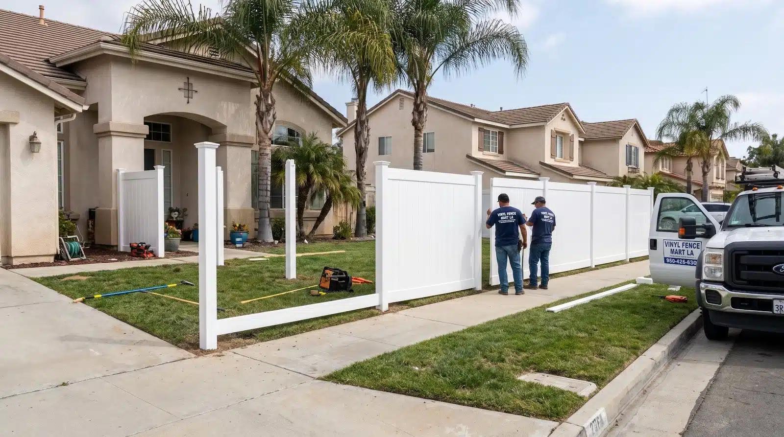 Workers installing white vinyl fence outside suburban home with palm trees visible