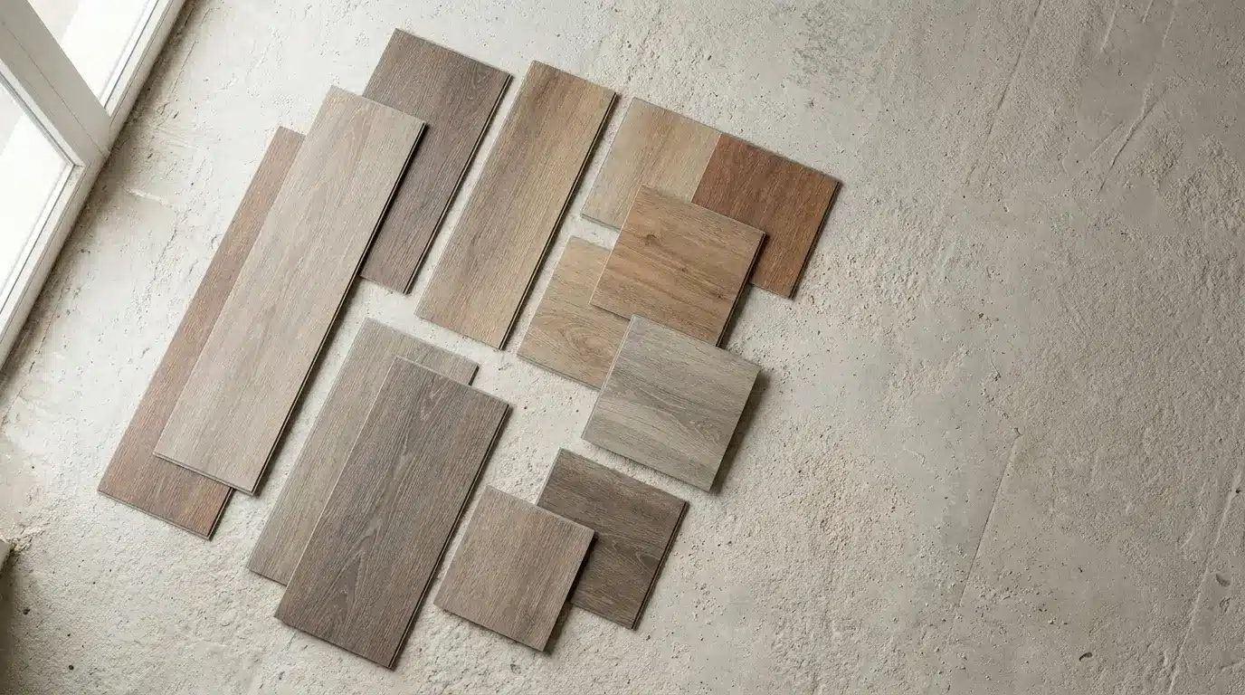 Assorted wood textured tiles arranged on a textured concrete floor in natural light