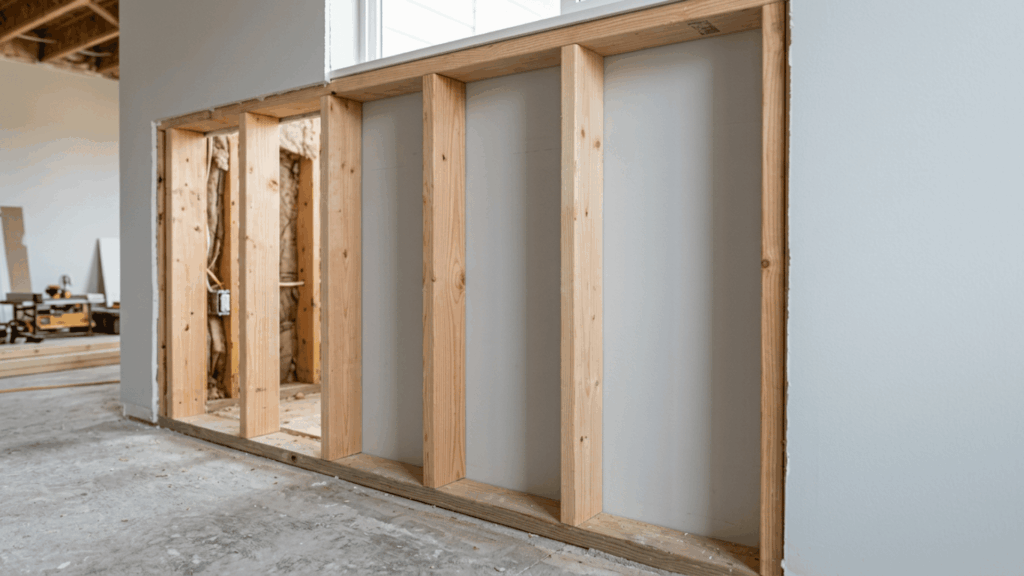 vertical wooden wall studs shown between top and bottom plates beside installed drywall panels