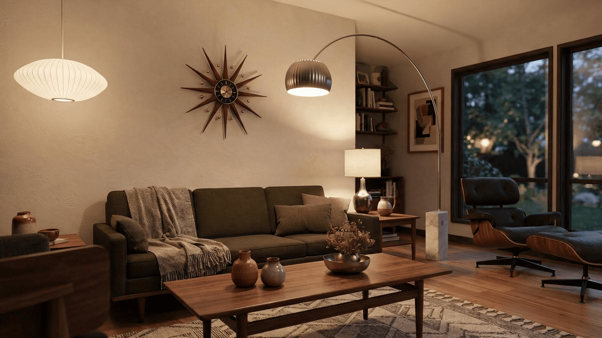 mid century living room with arc lamp starburst clock and warm wooden furniture at dusk