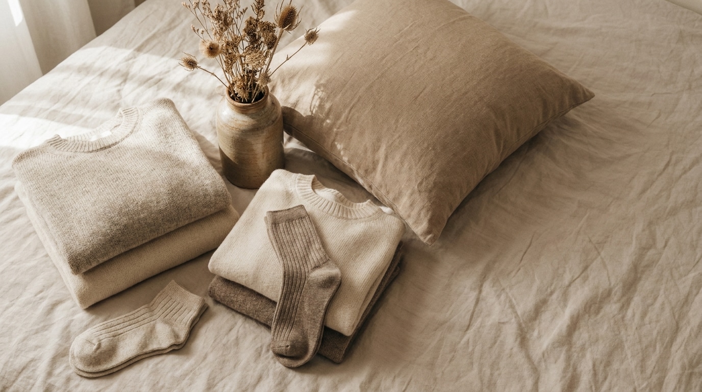 Folded beige sweaters and socks next to a pillow and dried flowers in a vase on bed