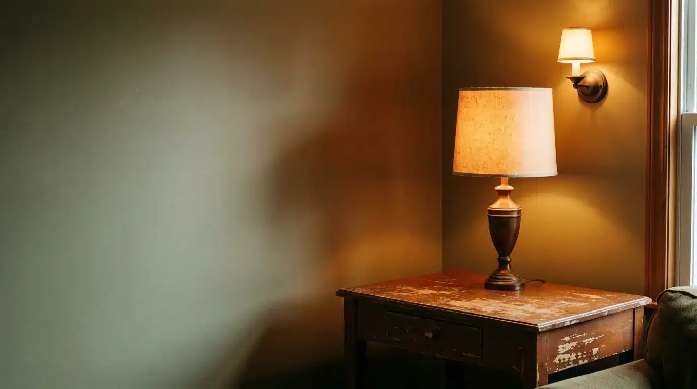 Vintage lamp on a wooden table with a wall sconce in warm-toned room