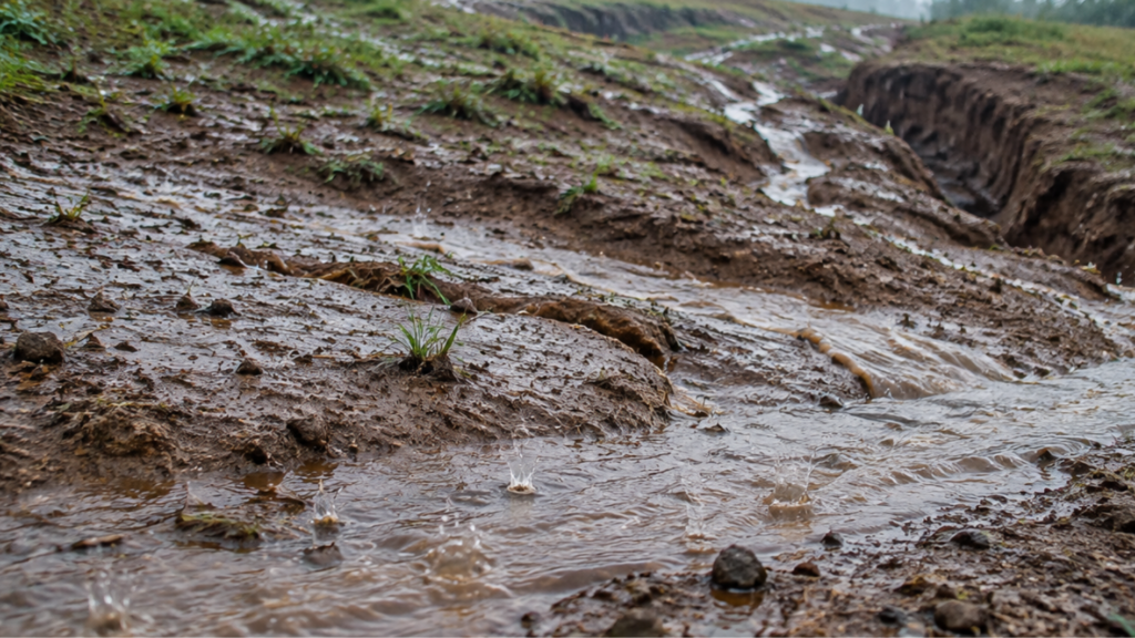 Rainwater flowing over muddy soil can carve small channels and carry loose sediment.