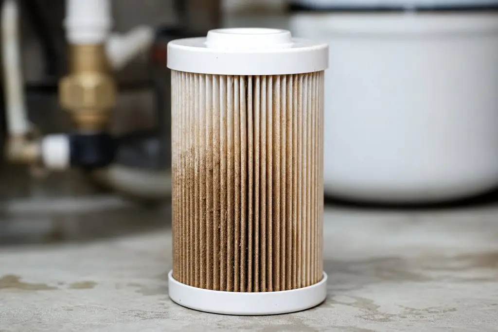 Used water filter cartridge on concrete surface in industrial setting