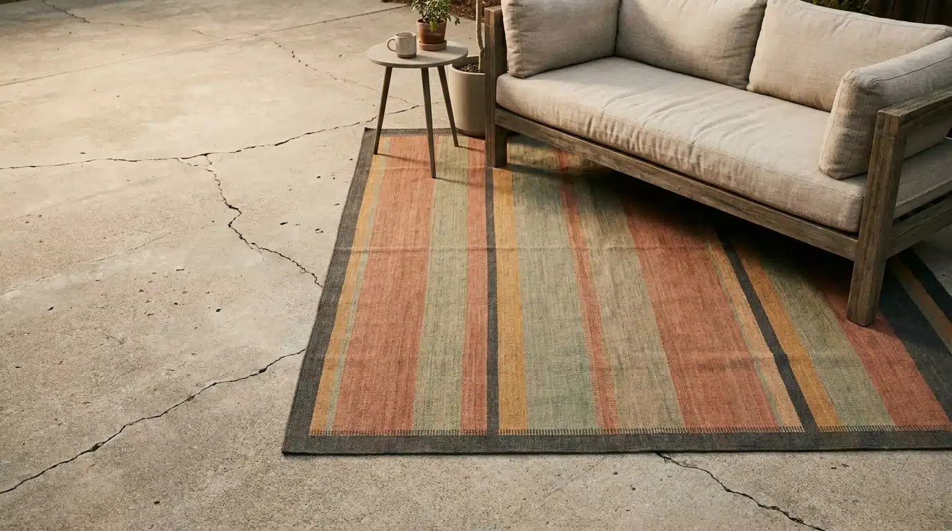Wooden outdoor sofa with beige cushions on striped rug beside small table in concrete patio setting