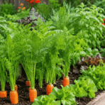 healthy carrots growing with onions lettuce herbs and marigolds in a well spaced garden bed
