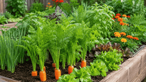 healthy carrots growing with onions lettuce herbs and marigolds in a well spaced garden bed
