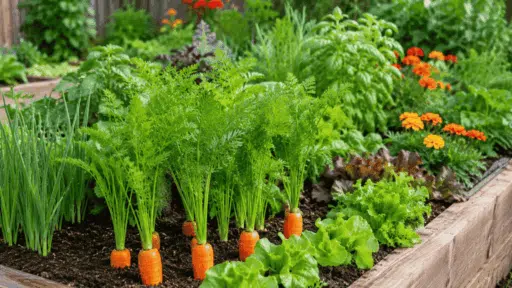 healthy carrots growing with onions lettuce herbs and marigolds in a well spaced garden bed