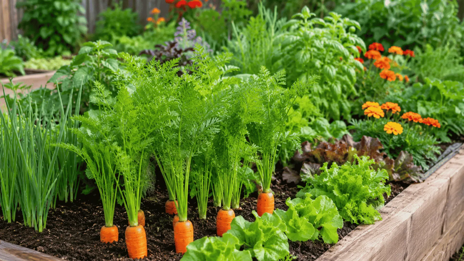 healthy carrots growing with onions lettuce herbs and marigolds in a well spaced garden bed