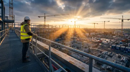 Construction worker in safety gear observing large construction site at sunrise with cranes in background