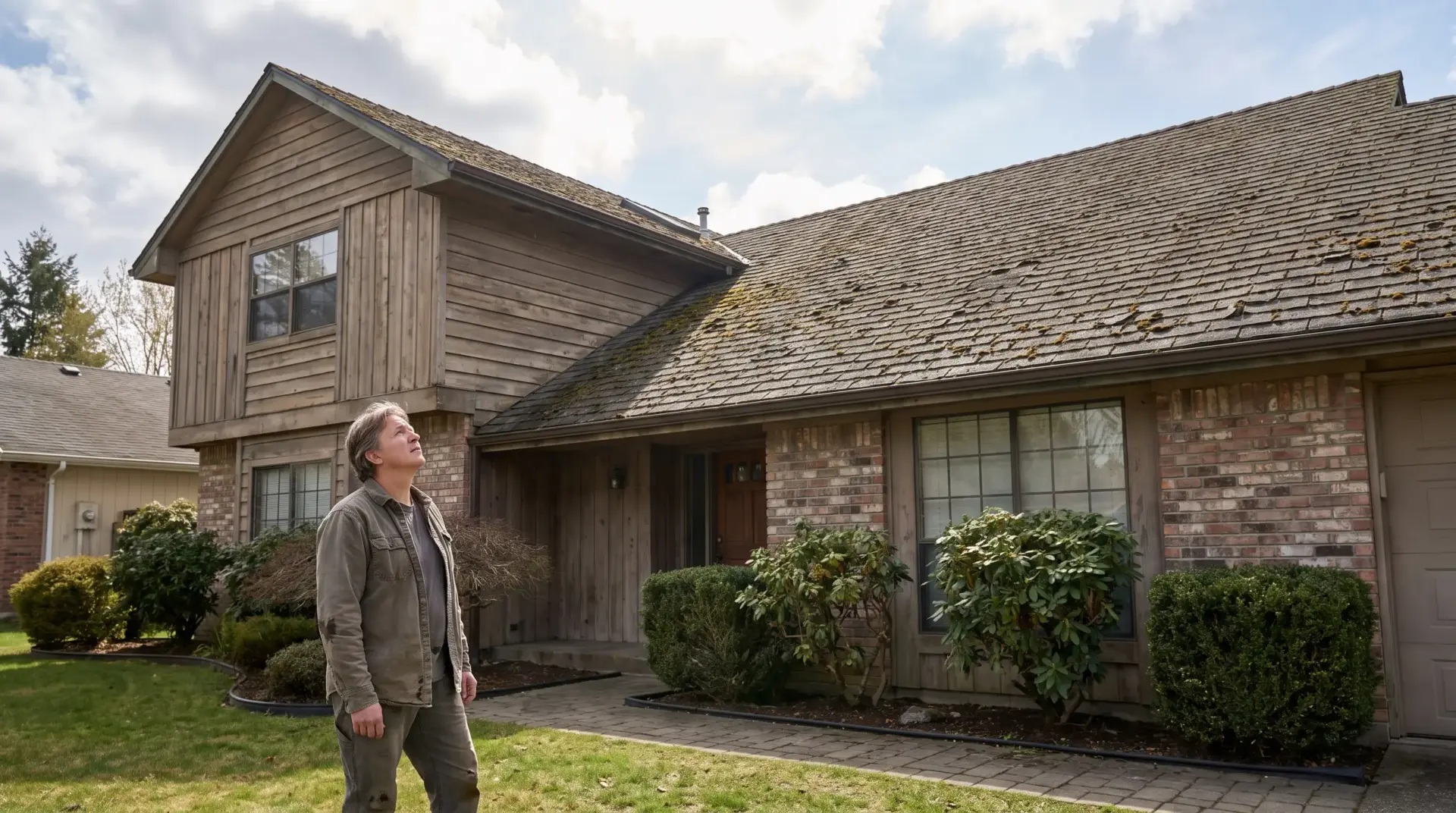 Person inspecting roof of suburban home with wooden siding and brick facade