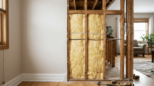 exposed wall framing shows vertical wooden studs behind drywall with insulation and wiring visible