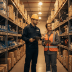 Two workers in safety gear discussing logistics in a warehouse aisle with metal shelves