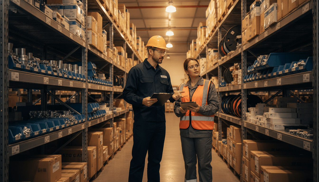 Two workers in safety gear discussing logistics in a warehouse aisle with metal shelves