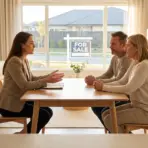 Real estate agent and couple discussing at a dining table in a bright living room