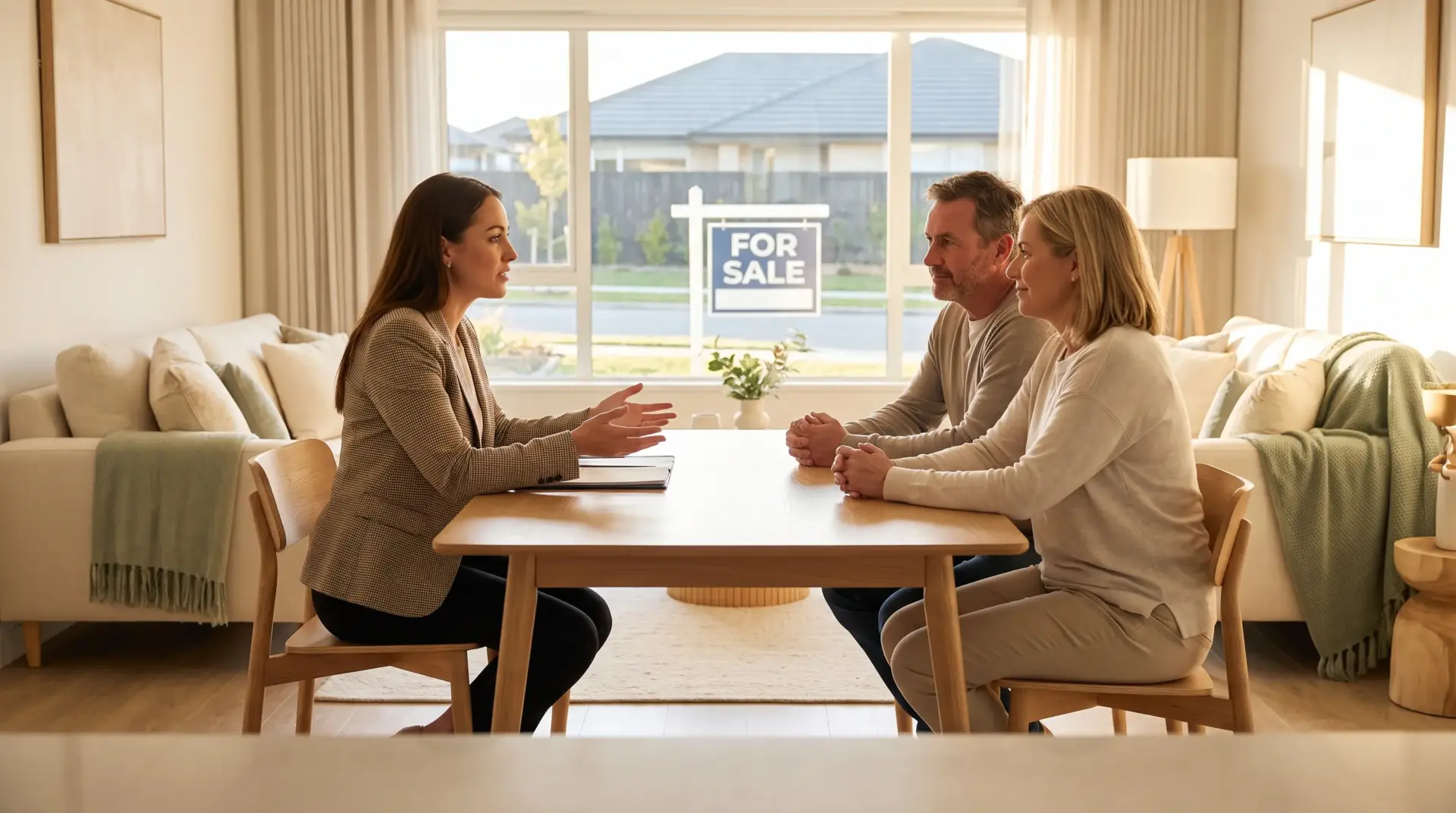 Real estate agent and couple discussing at a dining table in a bright living room