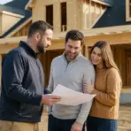 Three people reviewing construction plans in front of a partially built house