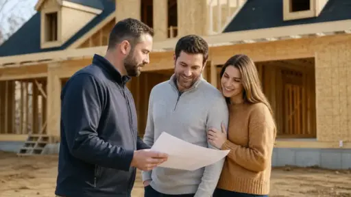 Three people reviewing construction plans in front of a partially built house