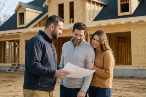 Three people reviewing construction plans in front of a partially built house