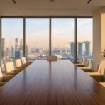 Spacious office conference room with large wooden table and city skyline view through windows