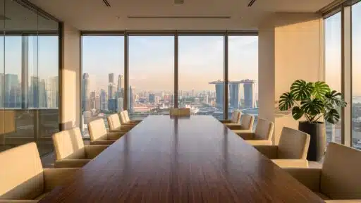 Spacious office conference room with large wooden table and city skyline view through windows