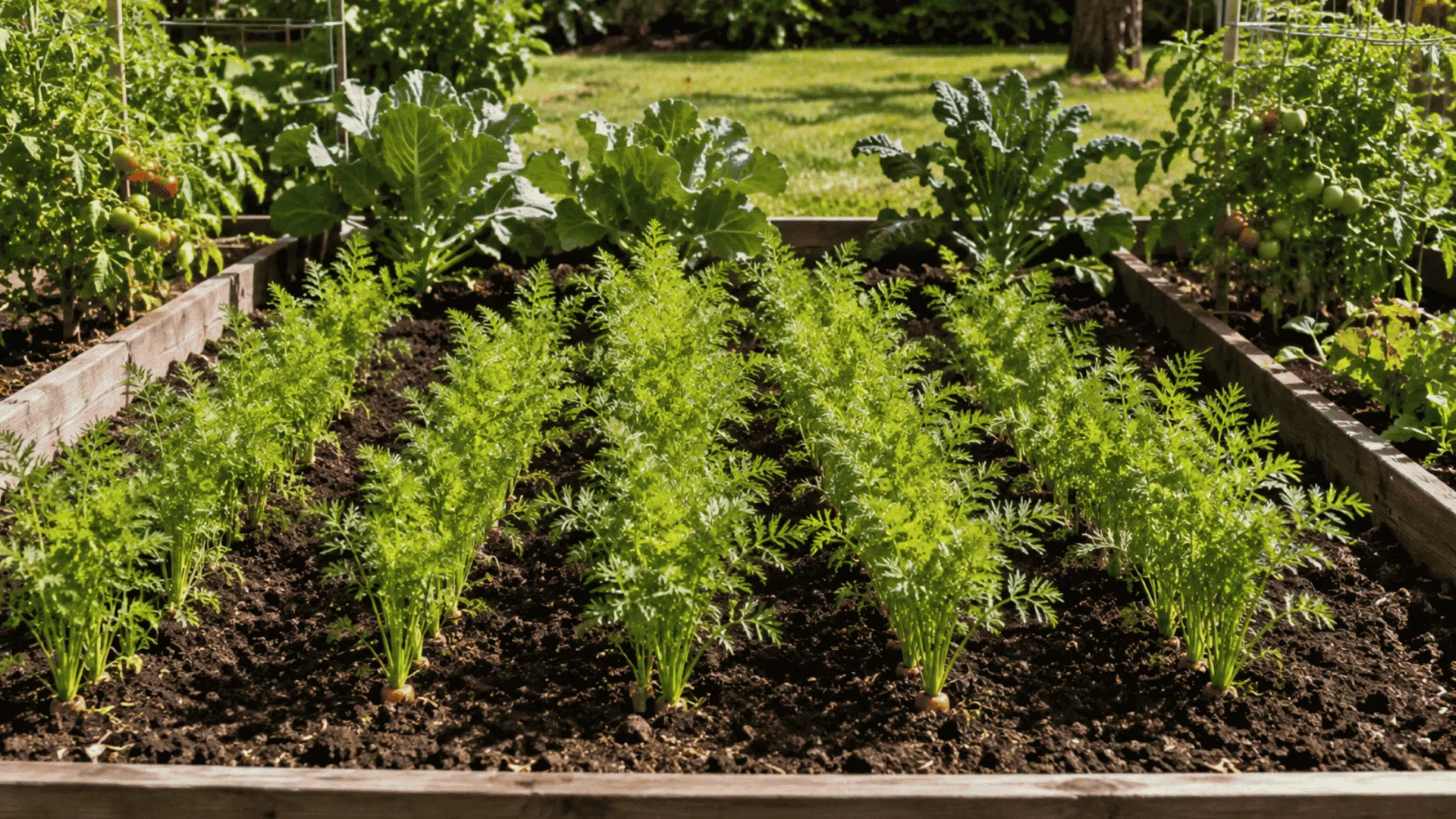 `carrots growing with tomatoes and large leafy greens spaced apart to reduce shade and root competition`