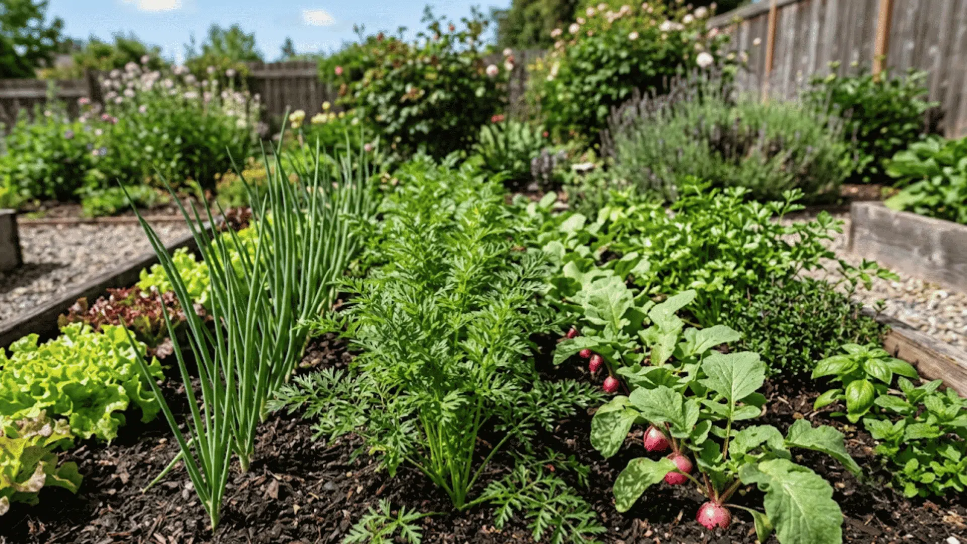 carrots growing beside onions lettuce radishes and herbs in a mixed companion planting bed
