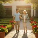 Two people walking on stone path in garden with potted flowers and lush greenery