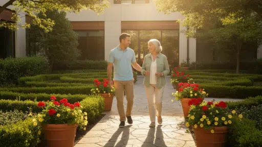 Two people walking on stone path in garden with potted flowers and lush greenery