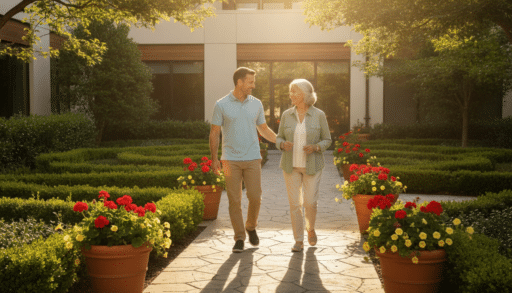 Two people walking on stone path in garden with potted flowers and lush greenery