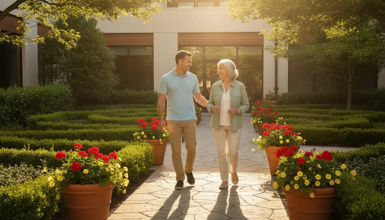 Two people walking on stone path in garden with potted flowers and lush greenery