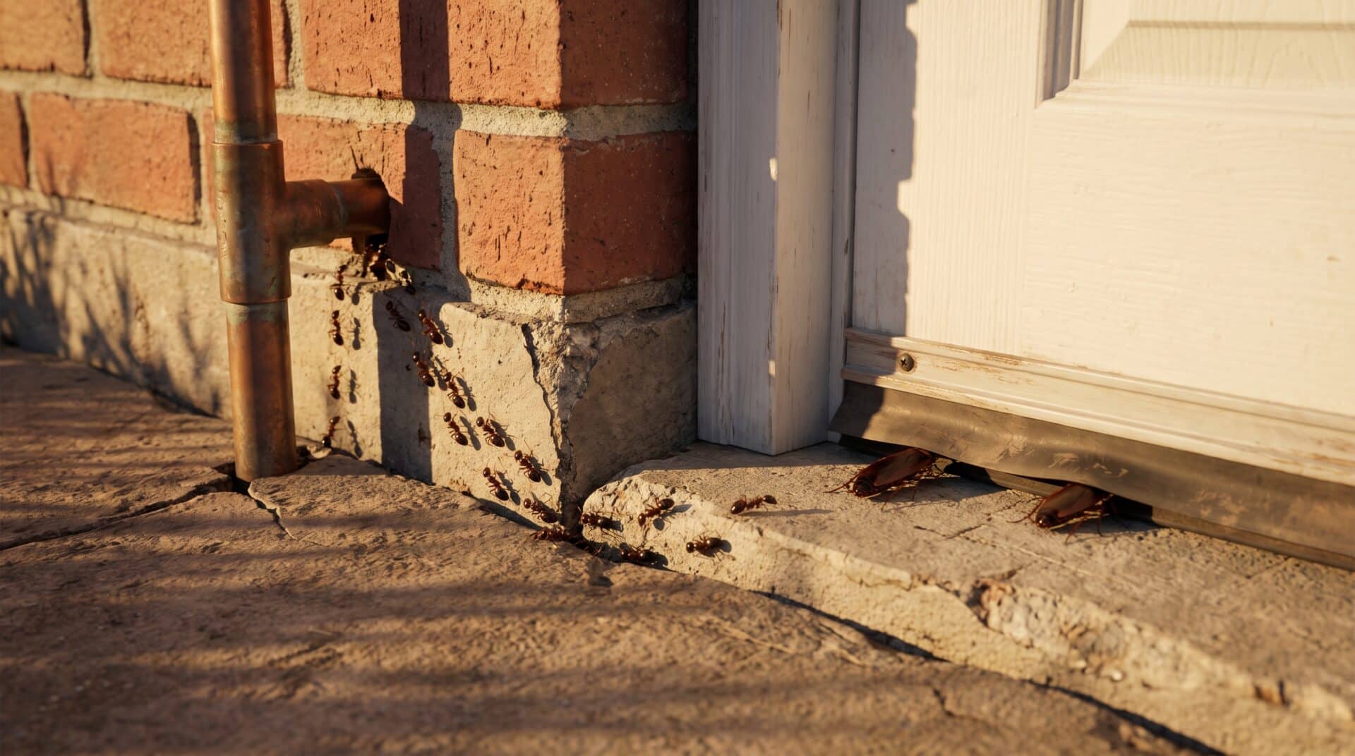 Ants and cockroaches near a brick wall and door in warm sunlight