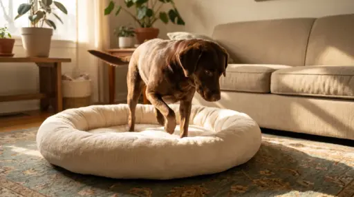 Brown dog pawing at fluffy pet bed in cozy living room with potted plants