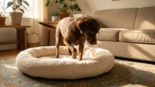 Brown dog pawing at fluffy pet bed in cozy living room with potted plants