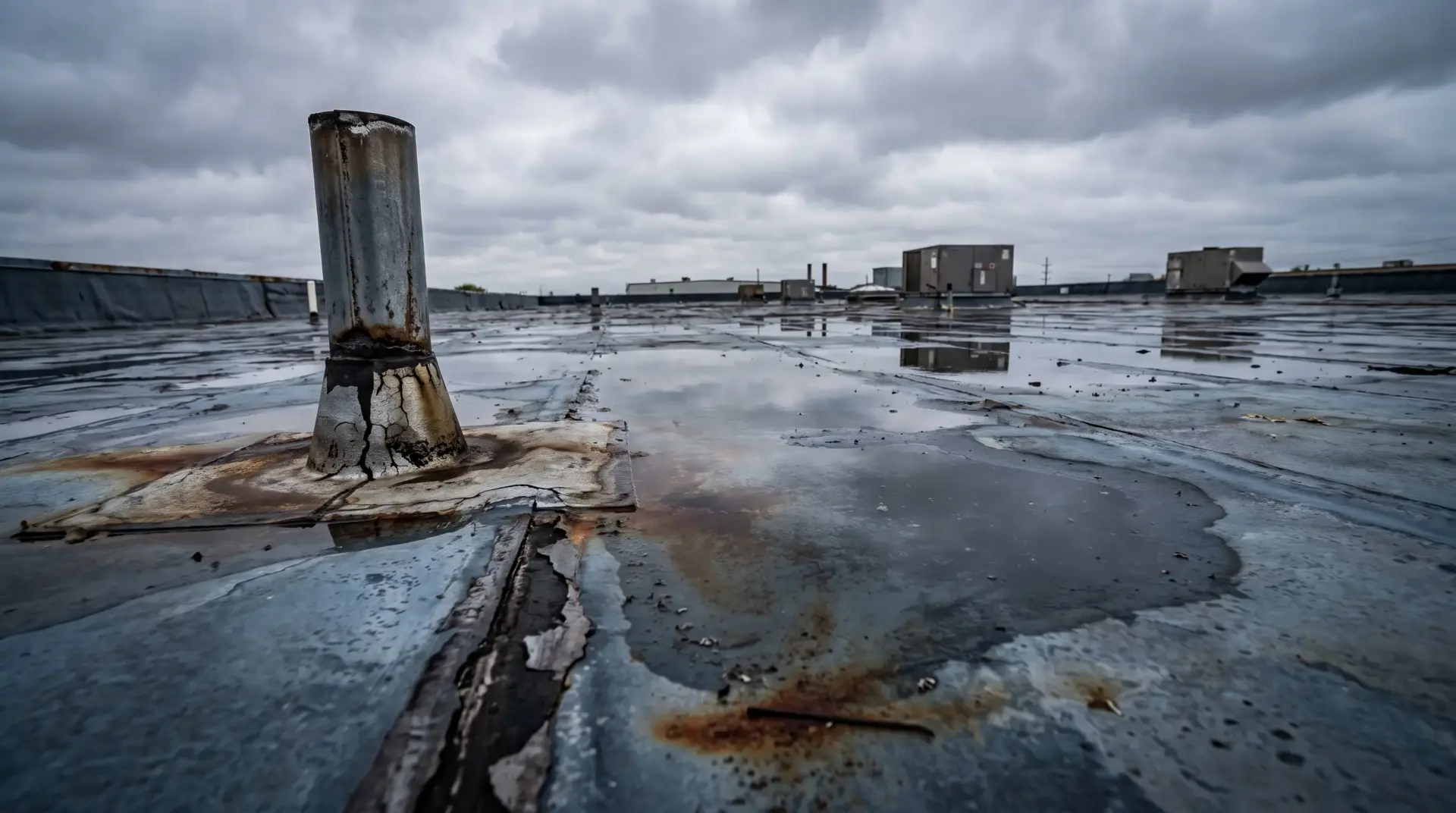 Rusty vent pipe and puddles on flat industrial rooftop under cloudy sky
