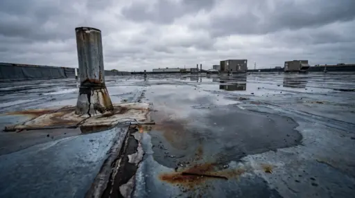 Rusty vent pipe and puddles on flat industrial rooftop under cloudy sky