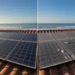 Clean and dirty solar panels on a red tile roof by the ocean under clear blue sky