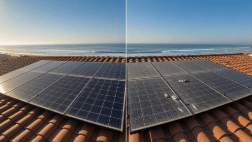 Clean and dirty solar panels on a red tile roof by the ocean under clear blue sky