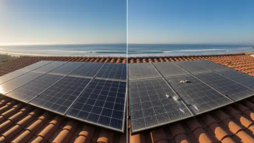 Clean and dirty solar panels on a red tile roof by the ocean under clear blue sky