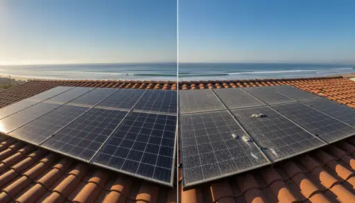 Clean and dirty solar panels on a red tile roof by the ocean under clear blue sky