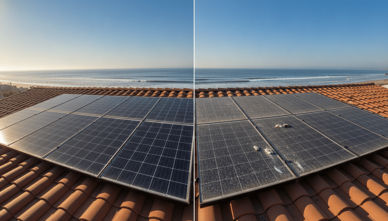 Clean and dirty solar panels on a red tile roof by the ocean under clear blue sky