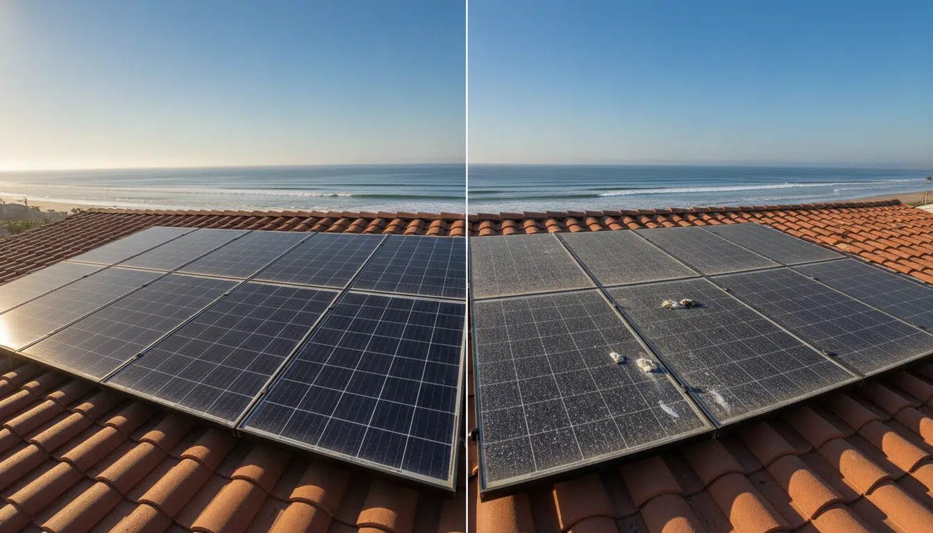 Clean and dirty solar panels on a red tile roof by the ocean under clear blue sky