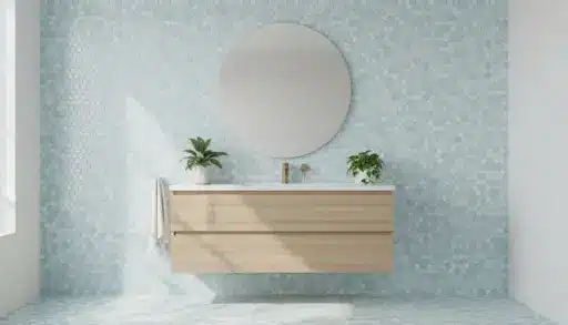 Modern bathroom with round mirror above floating wood vanity, blue hexagonal tile wall, and leafy plants