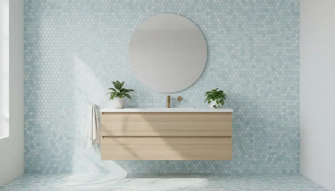 Modern bathroom with round mirror above floating wood vanity, blue hexagonal tile wall, and leafy plants