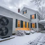 Snow-covered house exterior with visible heat pump and illuminated windows in winter setting